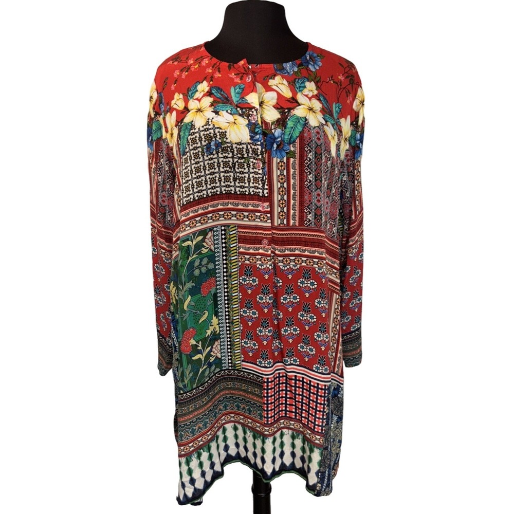 NEW Shana Viscose Silk‎ Floral Tunic Women's Size Med Red Multi Boho Hippie